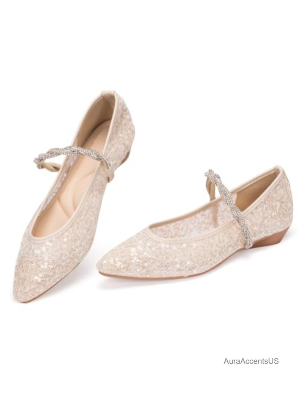 Women's Sequin Mesh Mary Jane Flats Rhinestone Strap Pointed Toe